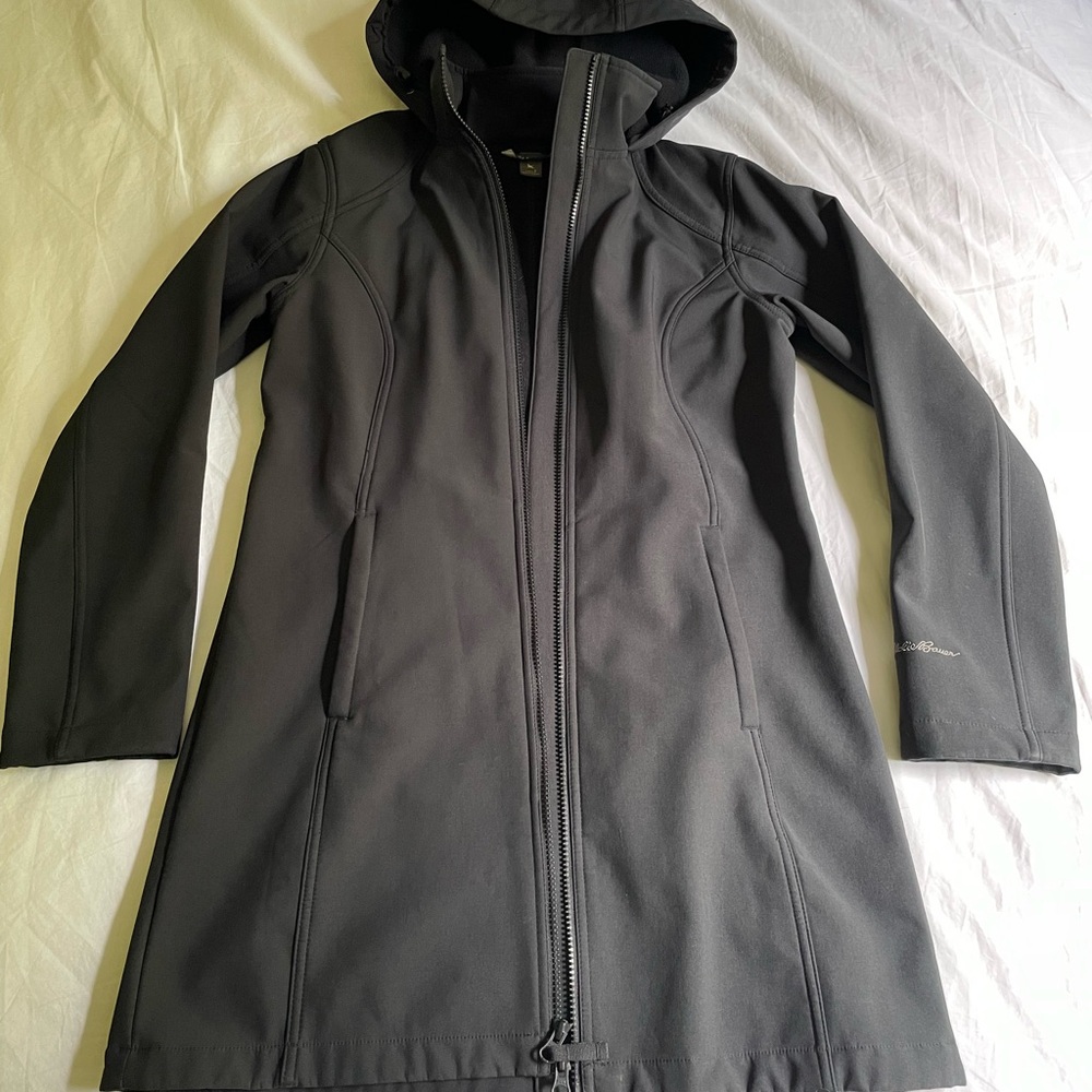 Eddie Bauer Women's Black Hooded Fleece Lined Rain Jacket Trench Coat